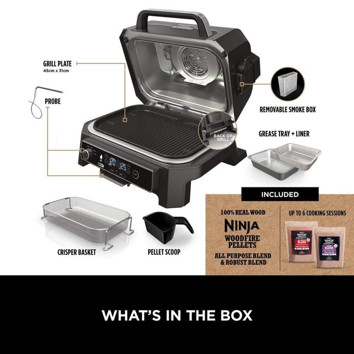 Ninja OG850UK Woodfire Pro XL Electric BBQ Grill &amp; Smoker, Black/Grey