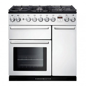 90cm Dual Fuel Range Cooker in White with Chrome Trim