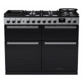 Rangemaster EDDLB110DFGBLK/CM1 Edge Deluxe 110cm Dual Fuel Range Cooker, Black Glass/Chrome
