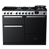 Rangemaster EDDLO110DFGBLK/CM1 Edge Deluxe 110cm Dual Fuel Range Cooker. Black Glass/Chrome