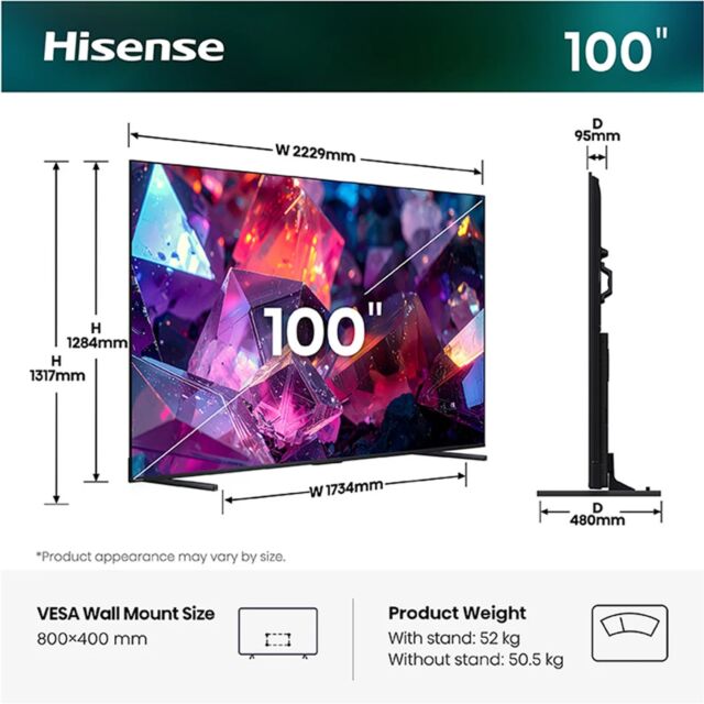 Hisense 100E7STUK PRO 100inch Hi-QLED 144Hz 4K Ultra HD AI Smart TV - Charcoal Grey