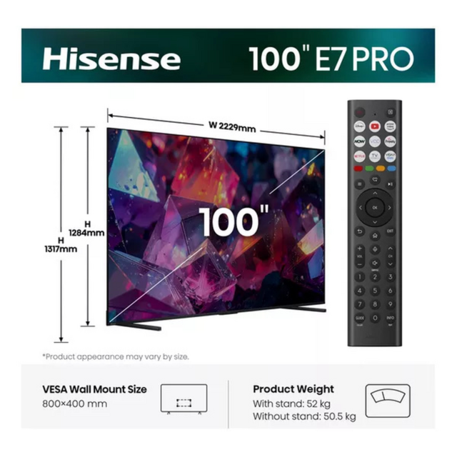 Hisense 100E7STUK PRO 100inch 4K QLED 144Hz TV Grey