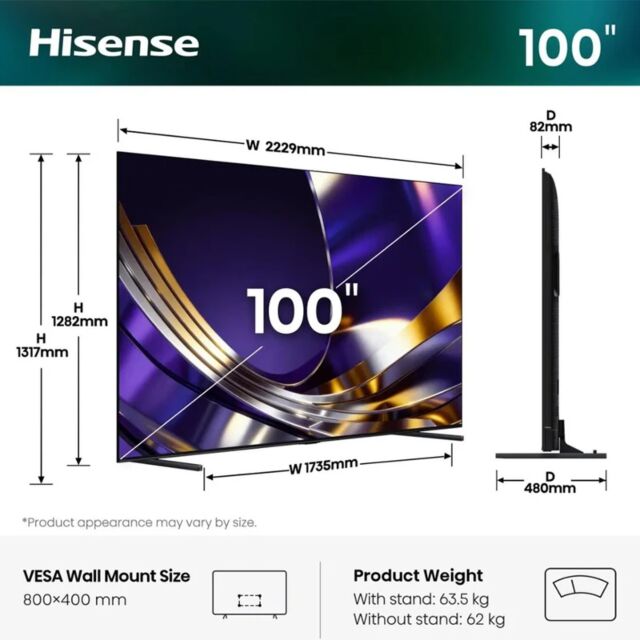 Hisense 100U7STUK PRO 100inch Hi-QLED MiniLED 165Hz 4K Ultra HD AI Smart TV - Charcoal Grey