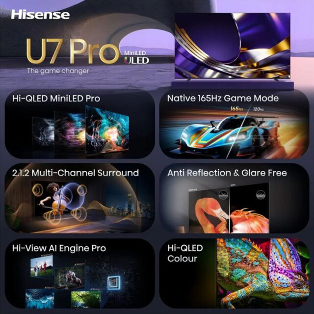 Hisense 100U7STUK PRO 100inch Hi-QLED MiniLED 165Hz 4K Ultra HD AI Smart TV - Charcoal Grey