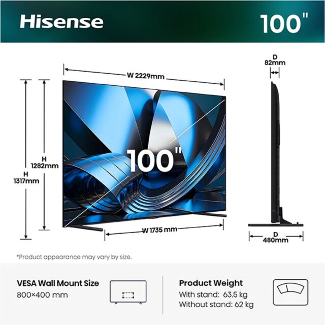 Hisense 100U7STUK 100inch 100U7STUK MiniLED 165Hz 4K Ultra HD AI Smart TV - Charcoal Grey