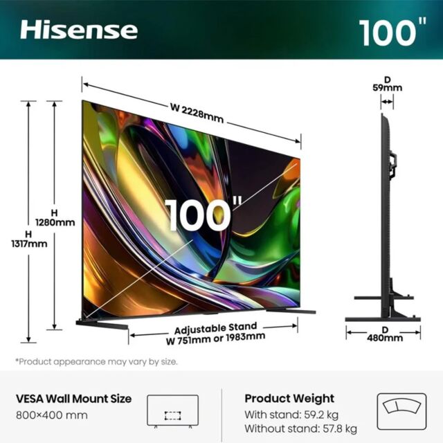 Hisense 100UR8STUK 100inch 4K Ultra HD Rgb-Mini Led Smart TV - Black