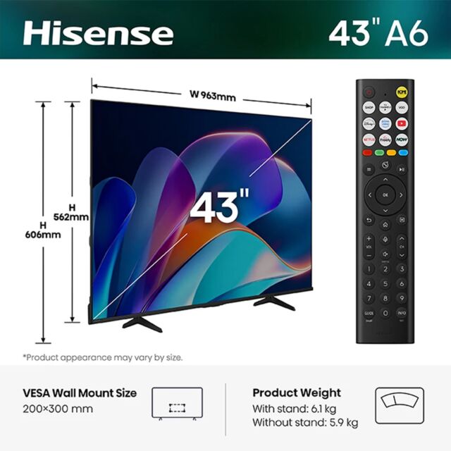 Hisense 43A6STUK 43inch 4K Ultra HD Ai Smart TV - Black