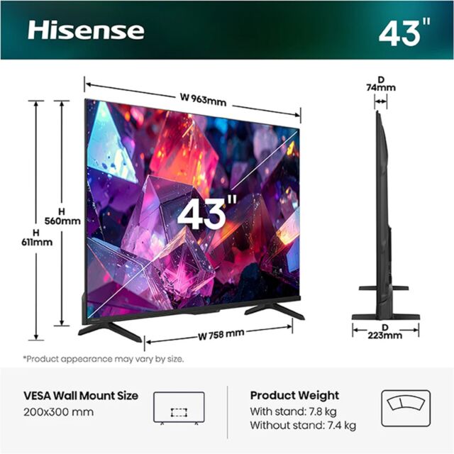 Hisense 43E7STUK 43inch Hi-QLED 144Hz 4K Ultra HD AI Smart TV - Black