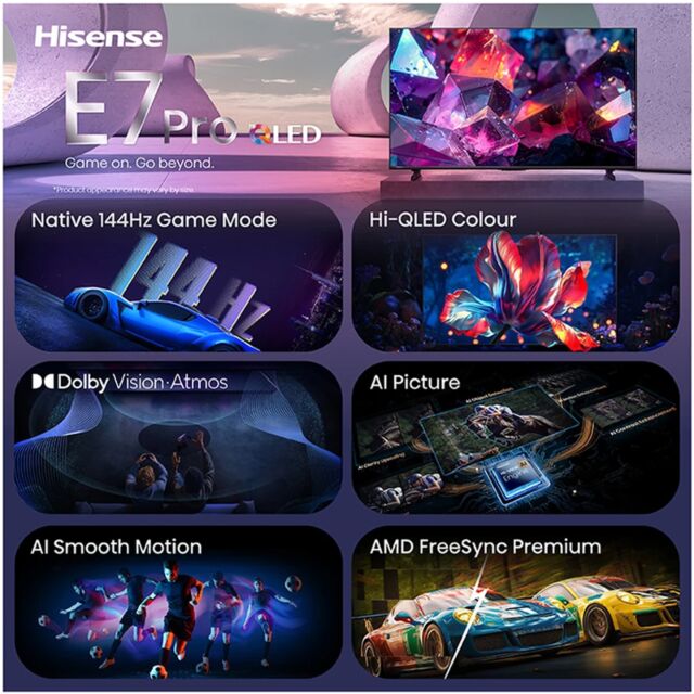 Hisense 43E7STUK 43inch Hi-QLED 144Hz 4K Ultra HD AI Smart TV - Black