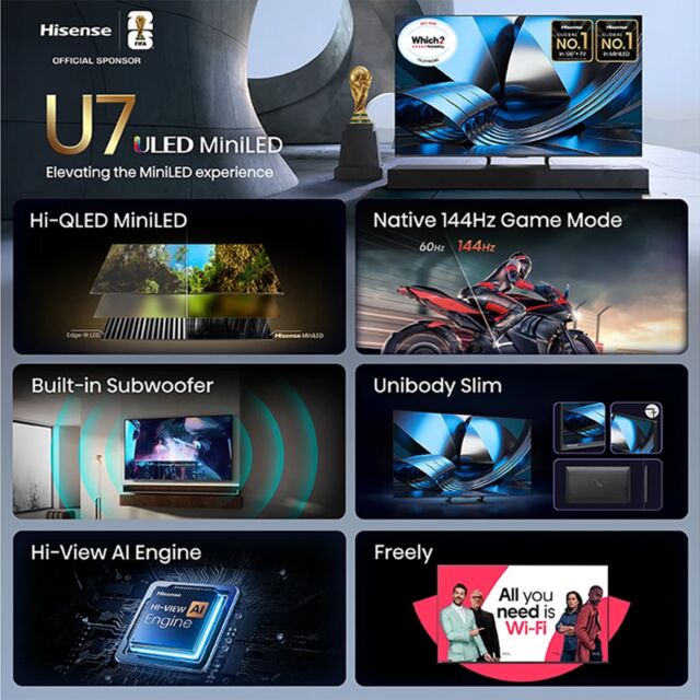 Hisense 50U7STUK 50inch Mini LED 144Hz 4K Ultra HD AI Smart TV - Charcoal Grey