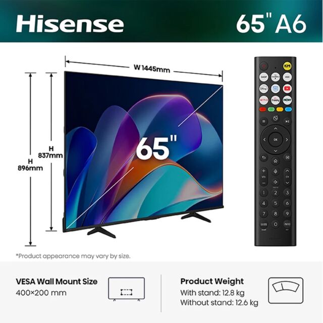 Hisense 65A6STUK 65inch 4K Ultra HD Ai Smart TV - Black