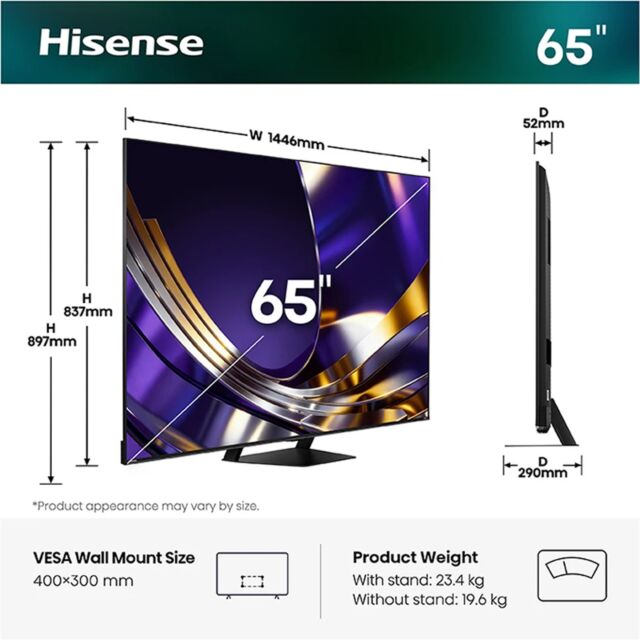 Hisense 65U7STUK PRO 65inch Hi-QLED MiniLED 165Hz 4K Ultra HD AI Smart TV - Charcoal Grey
