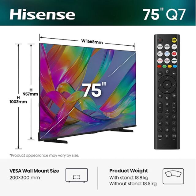 Hisense 75Q7STUK 75inch Hi-QLED 4K 60Hz Ultra HD AI Smart TV - Black