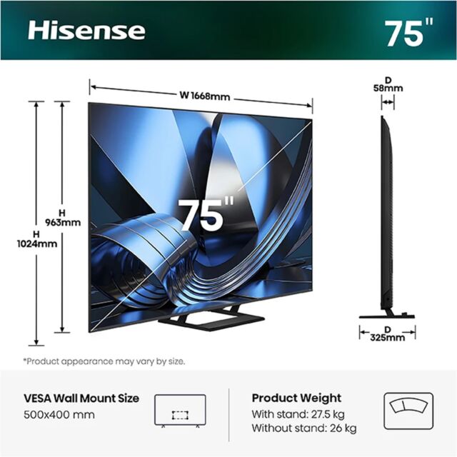 Hisense 75U7STUK 75inch Mini LED 144Hz 4K Ultra HD AI Smart TV - Charcoal Grey