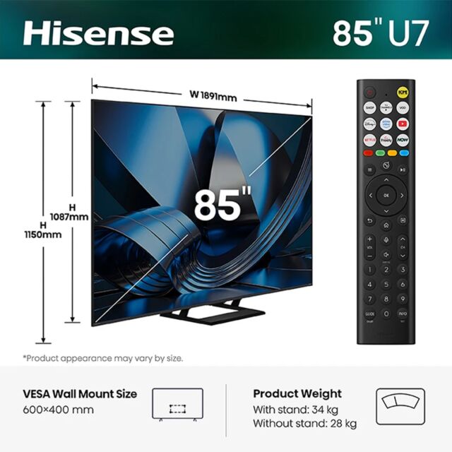 Hisense 85U7STUK 85inch Mini LED 144Hz 4K Ultra HD AI Smart TV - Charcoal Grey