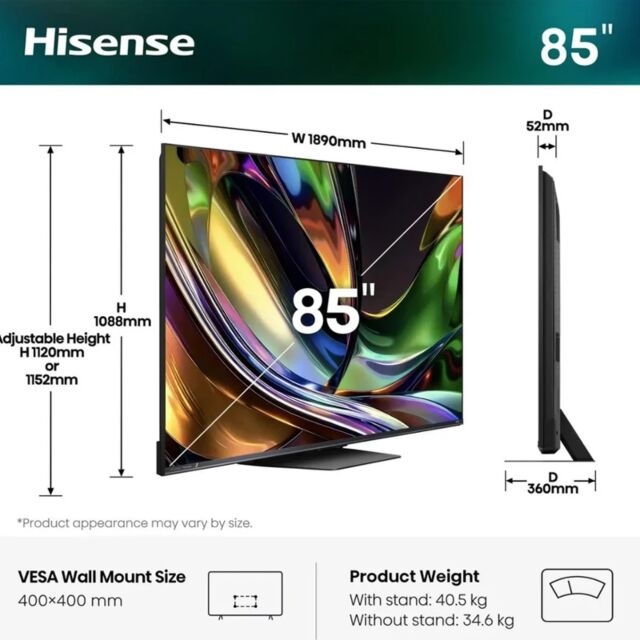 Hisense 85UR8STUK 85inch Rgb Miniled 180Hz 4K Ultra HD Ai Smart TV - Charcoal Grey