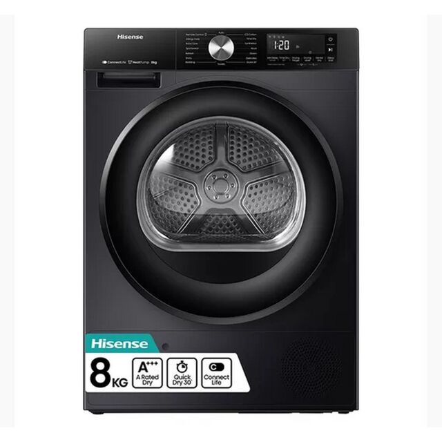 Hisense DH3S802BB3 3S Series Wifi-Enabled 8Kg Heat Pump Tumble Dryer - Black