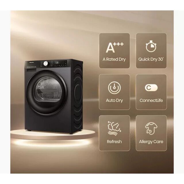 Hisense DH3S802BB3 3S Series Wifi-Enabled 8Kg Heat Pump Tumble Dryer - Black