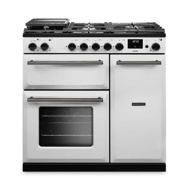 Rangemaster AURA90DFP/19275 90cm Dual Fuel Range Cooker - White with Onyx trim