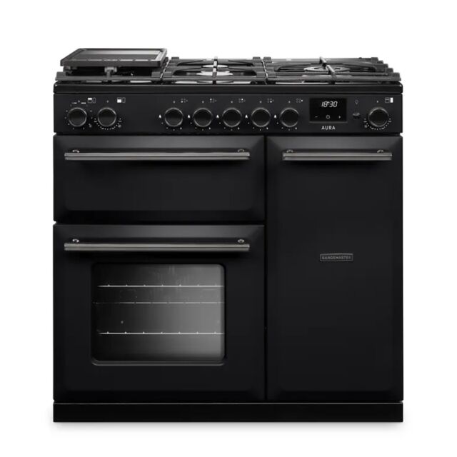 Rangemaster AURA90DFP/19276 90cm Dual Fuel Range Cooker - Charcoal Black with Onyx trim