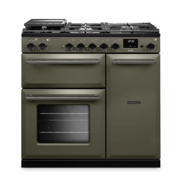 Rangemaster AURA90DFP/19281 90 Dual Fuel Range Cooker - River Bed with Onyx trim