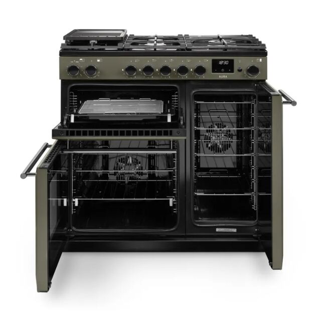 Rangemaster AURA90DFP/19281 90 Dual Fuel Range Cooker - River Bed with Onyx trim