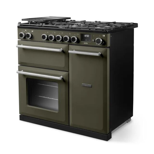 Rangemaster AURA90DFP/19281 90 Dual Fuel Range Cooker - River Bed with Onyx trim