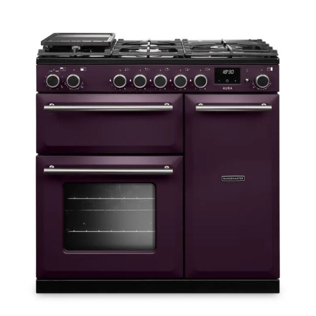 Rangemaster AURA90DFP/19282 90 Dual Fuel Range Cooker - Plum with Onyx trim