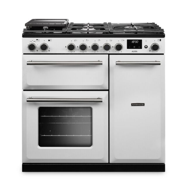 Rangemaster AURA90DFP/19323 90cm Dual Fuel Range Cooker - White with Brushed Nickel trim