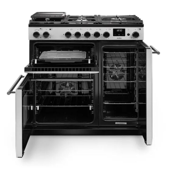 Rangemaster AURA90DFP/19323 90cm Dual Fuel Range Cooker - White with Brushed Nickel trim