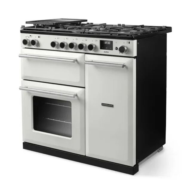 Rangemaster AURA90DFP/19323 90cm Dual Fuel Range Cooker - White with Brushed Nickel trim
