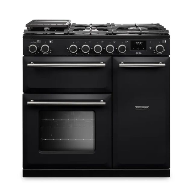 Rangemaster AURA90DFP/19324 90cm Dual Fuel Range Cooker - Charcoal Black with Brushed Nickel trim