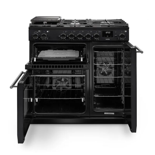 Rangemaster AURA90DFP/19324 90cm Dual Fuel Range Cooker - Charcoal Black with Brushed Nickel trim