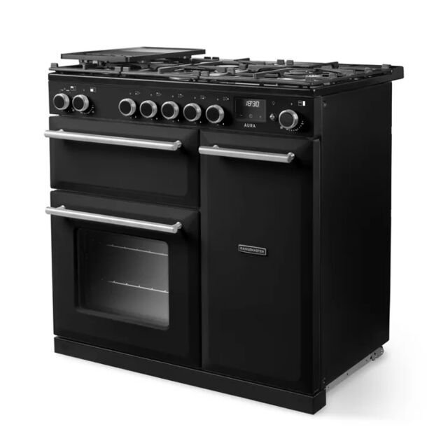 Rangemaster AURA90DFP/19324 90cm Dual Fuel Range Cooker - Charcoal Black with Brushed Nickel trim