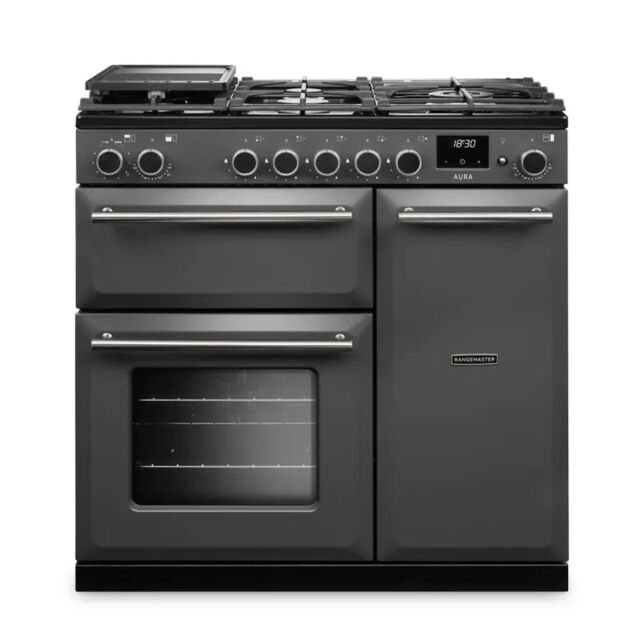 Rangemaster AURA90DFP/19325 90cm Dual Fuel Range Cooker - Slate with Brushed Nickel trim
