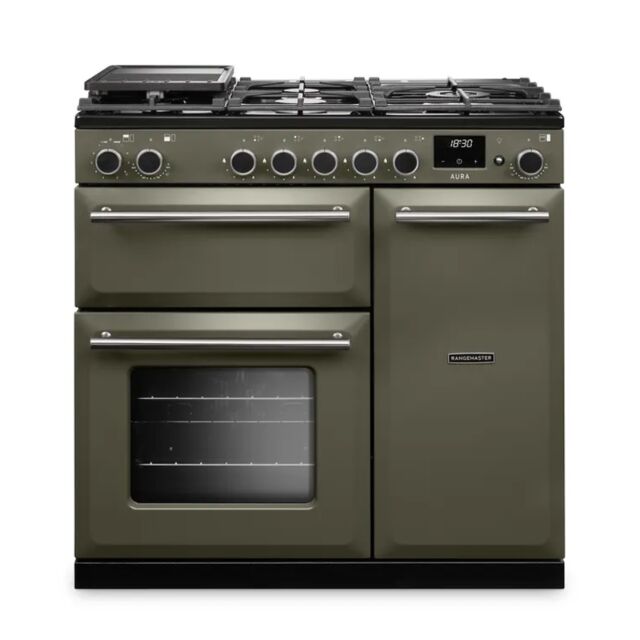Rangemaster AURA90DFP/19329 90cm Dual Fuel Range Cooker - River Bed with Brushed Nickel trim