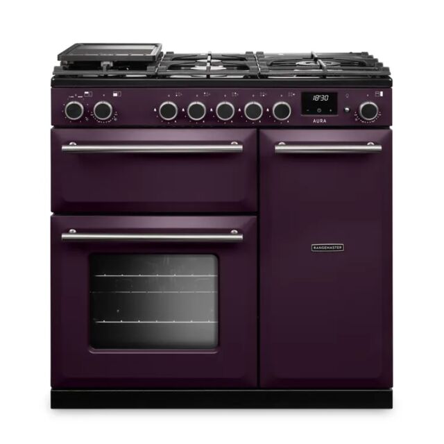 Rangemaster AURA90DFP/19330 90cm Dual Fuel Range Cooker - Plum with Brushed Nickel trim