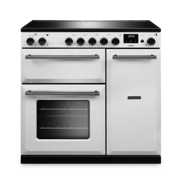 Rangemaster AURA90EIP/19283 Aura 90 Induction Range Cooker - White with Onyx trim