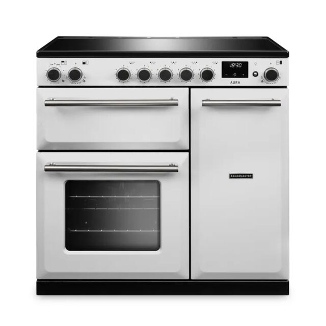 Rangemaster AURA90EIP/19331 90cm Induction Range Cooker - White with Brushed Nickel trim
