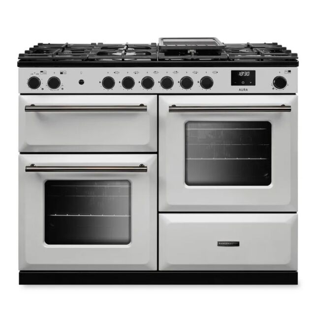 Rangemaster AURO110DF/19307 Aura 110cm Dual Fuel Range Cooker - White with Onyx trim