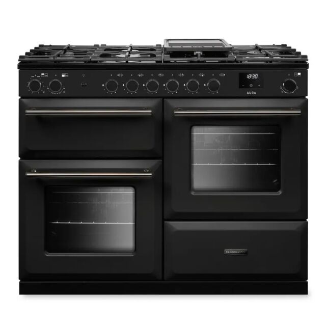 Rangemaster AURO110DF/19308 110cm Dual Fuel Range Cooker - Charcoal Black with Onyx trim