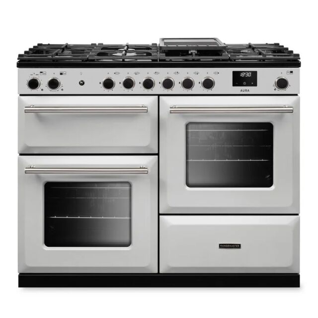 Rangemaster AURO110DF/19355 110cm Dual Fuel Range Cooker - White with Brushed Nickel trim