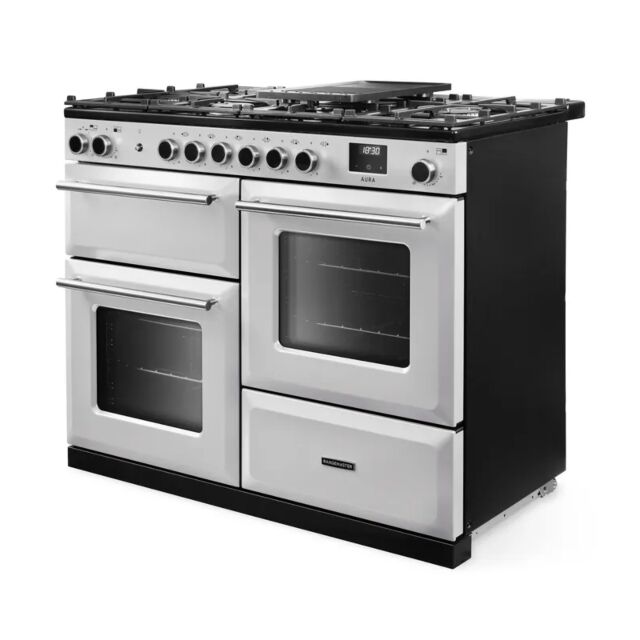 Rangemaster AURO110DF/19355 110cm Dual Fuel Range Cooker - White with Brushed Nickel trim