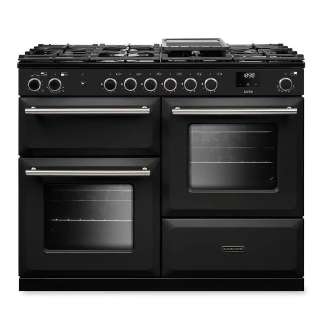 Rangemaster AURO110DF/19356 110cm Dual Fuel Range Cooker - Charcoal Black with Brushed Nickel trim