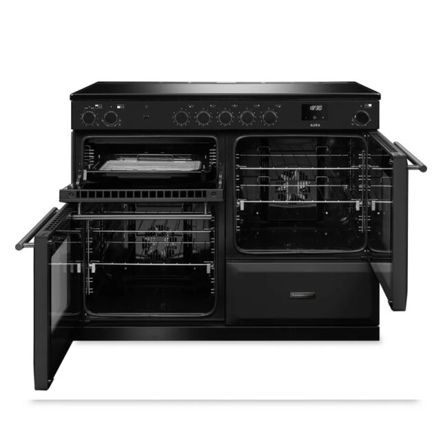 Rangemaster AURO110DF/19356 110cm Dual Fuel Range Cooker - Charcoal Black with Brushed Nickel trim