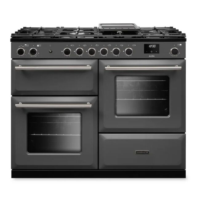 Rangemaster AURO110DF/19357 110cm Dual Fuel Range Cooker - Slate with Brushed Nickel trim