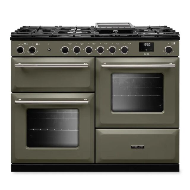Rangemaster AURO110DF/19361 110cm Dual Fuel Range Cooker - River Bed with Brushed Nickel trim