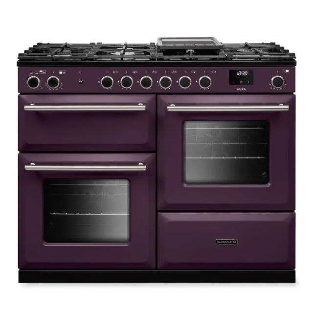 Rangemaster AURO110DF/19362 110cm Dual Fuel Range Cooker - Plum with Brushed Nickel trim