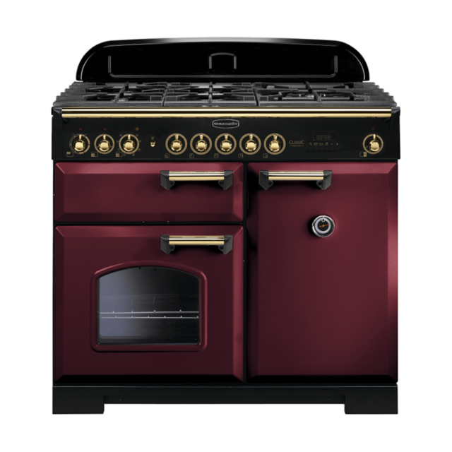 Rangemaster 115560 (CDL100DFFCY/B) CLASSIC DELUXE 100cm Dual Fuel Cooker, Cranberry, Brass