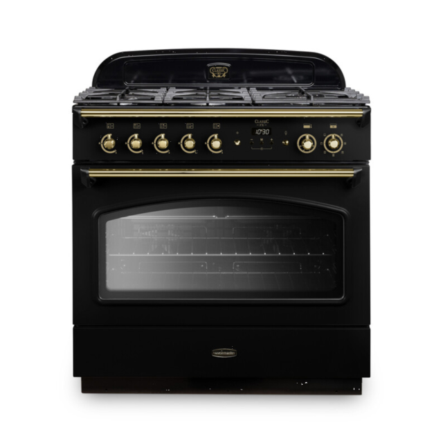 Rangemaster CLAS90FXDFFBL/B Classic FX 90cm Dual Fuel Cooker, Black, Brass Trim